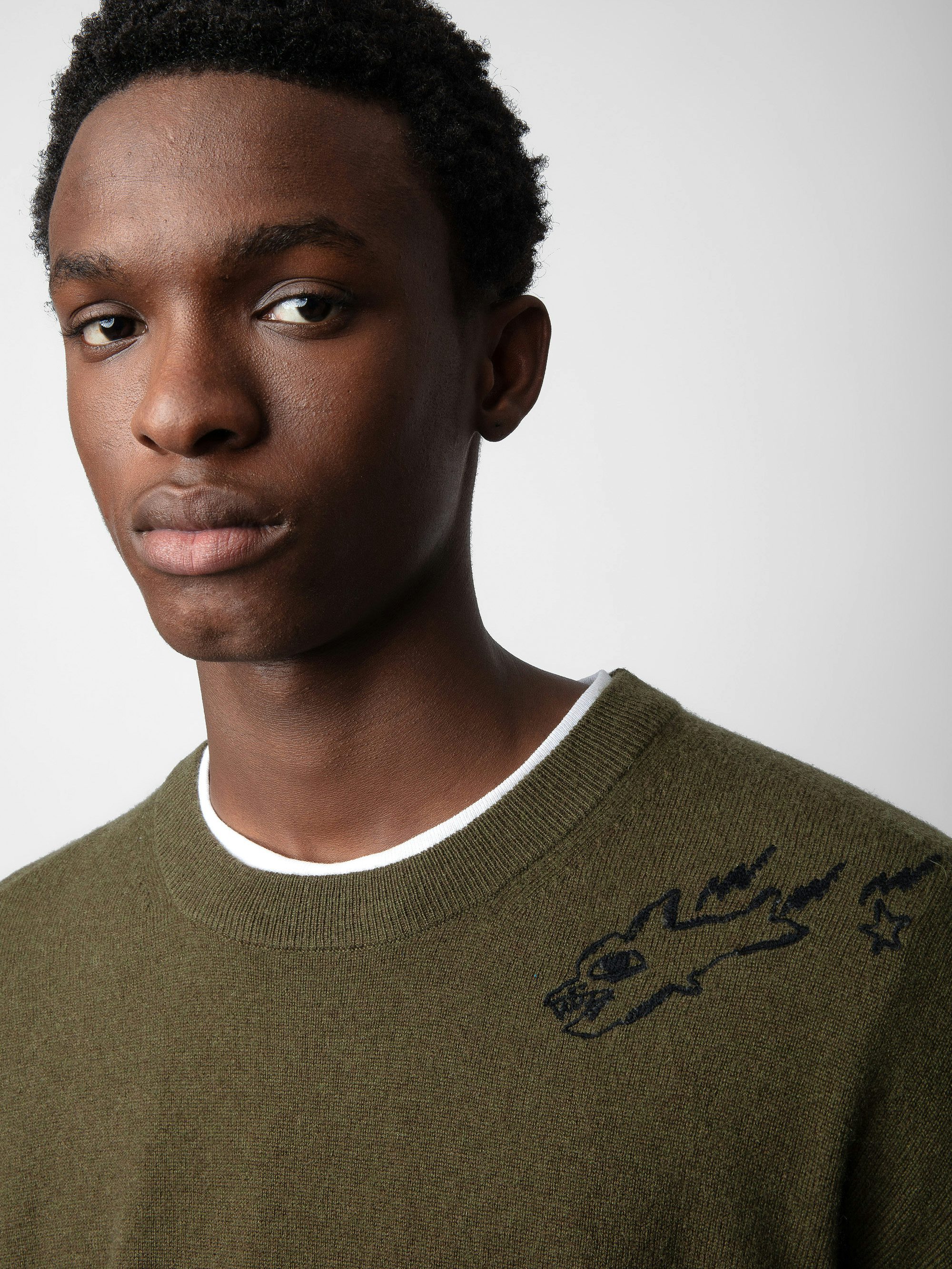 Marko Jumper - Khaki wool and cashmere long-sleeved jumper with graffiti motifs and slogans.